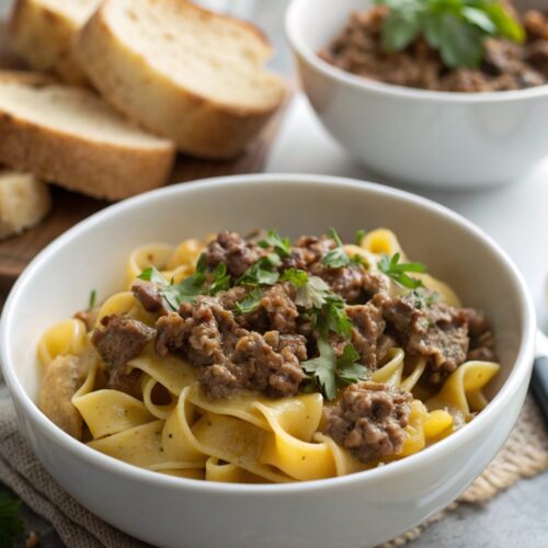 Plate of creamy and savory ground beef stroganoff.