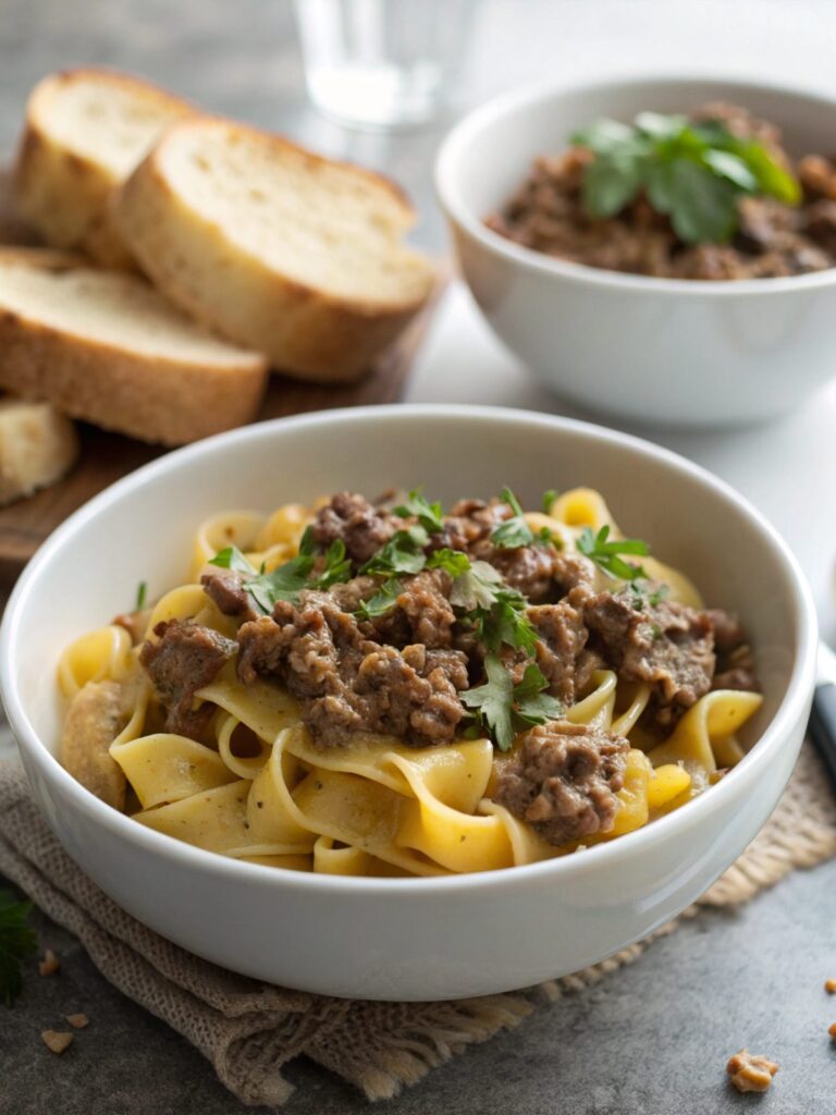 Plate of creamy and savory ground beef stroganoff.