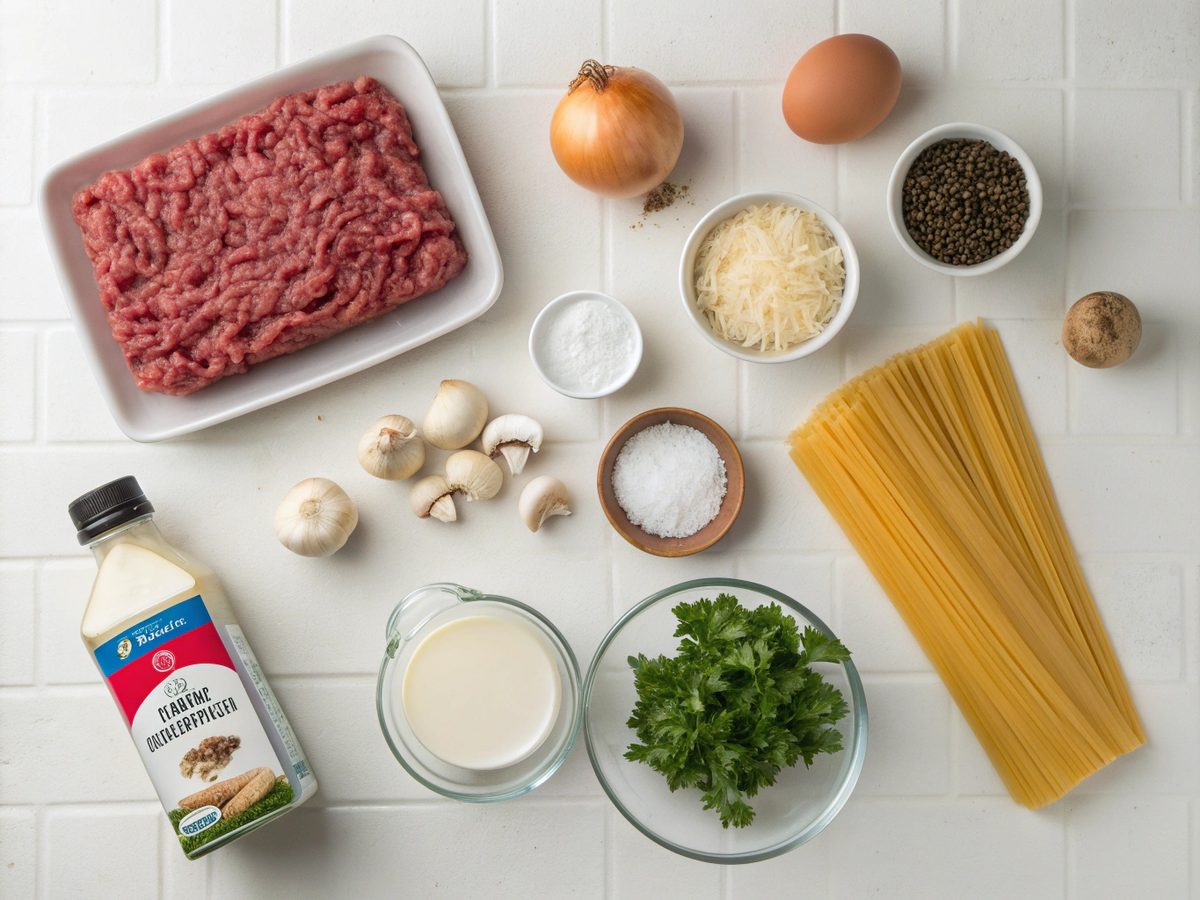 Ingredients for ground beef stroganoff recipe laid out on a kitchen counter.