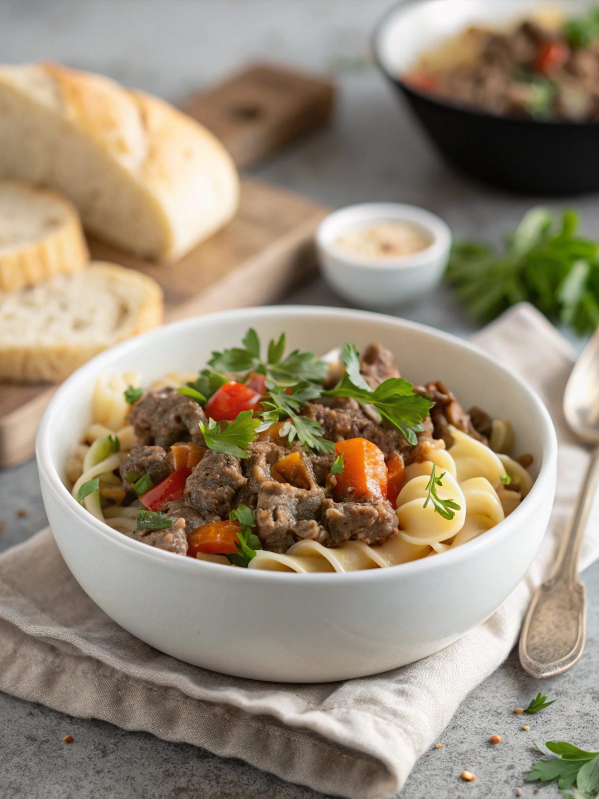Warm and delicious ground beef stroganoff served on a plate