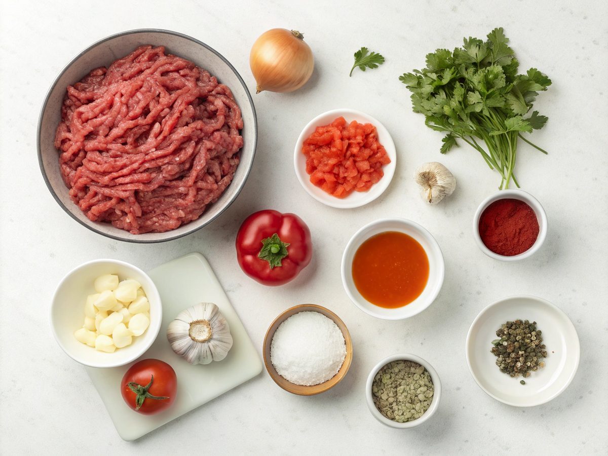 Flat lay of ingredients for ground beef supper ideas including beef, onion, and peppers.