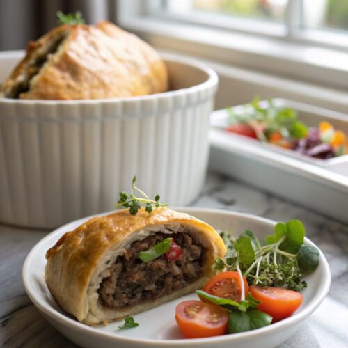 Delicious and elegant Ground Beef Wellington served on a plate