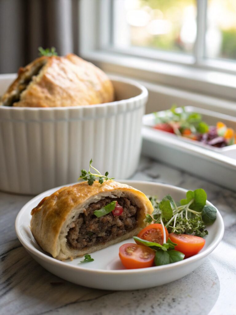 Delicious and elegant Ground Beef Wellington served on a plate