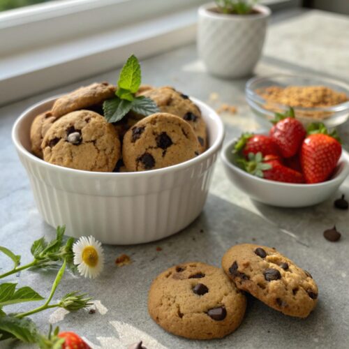 Plate of freshly baked homemade chocolate chip cookies