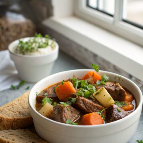 Image of hearty Guinness beef stew served in a bowl.