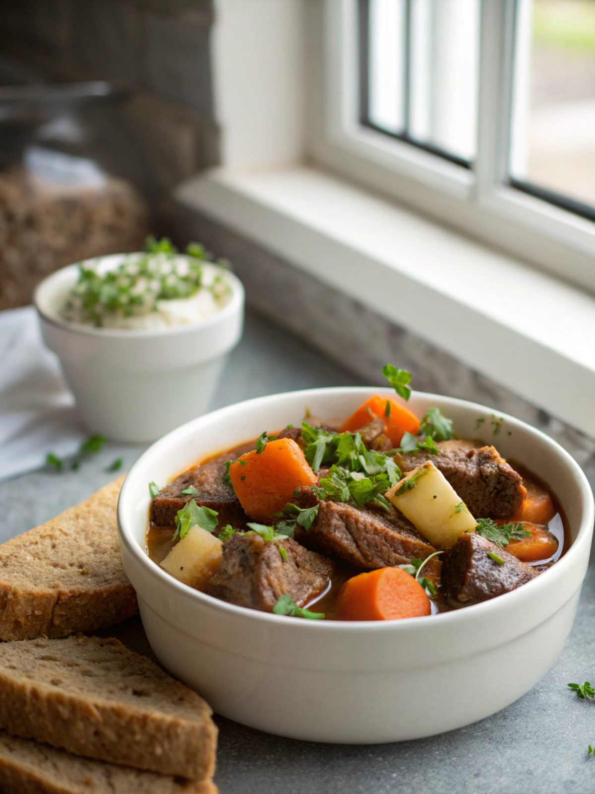 Image of hearty Guinness beef stew served in a bowl.