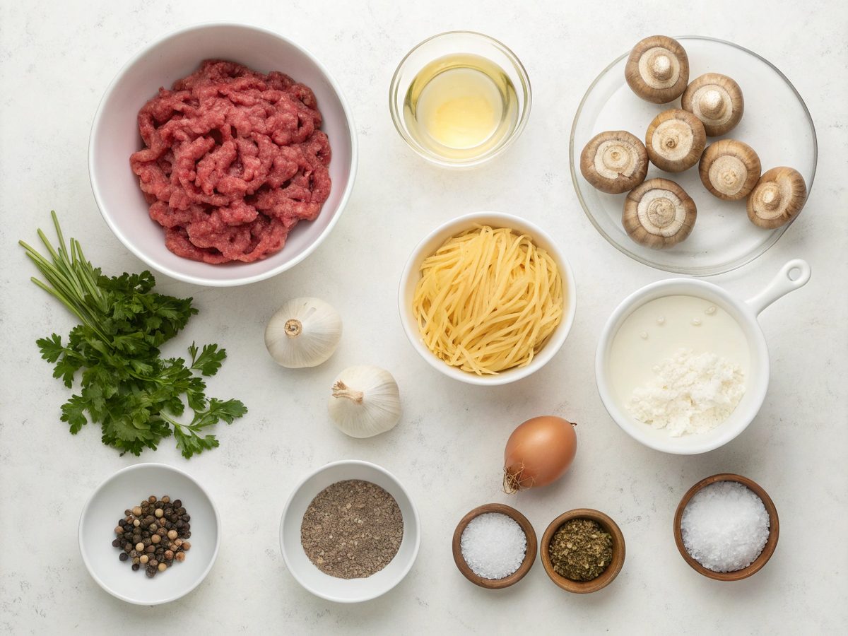 Ingredients for preparing delicious hamburger beef stroganoff.