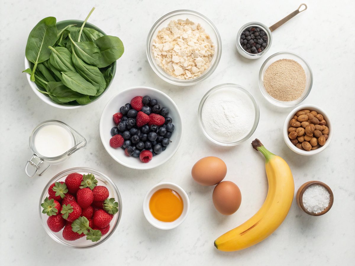 Ingredients for Healthy Breakfast Recipes including fruits and grains.