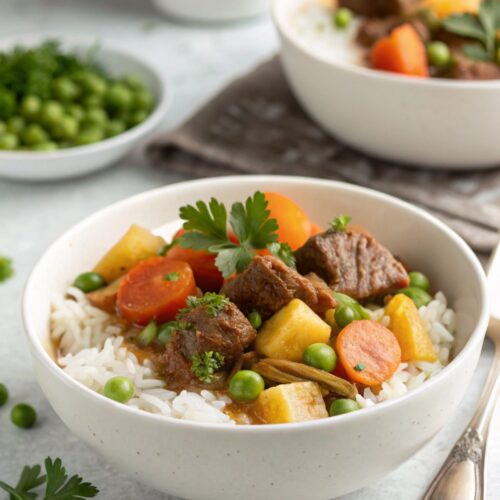 Hearty beef stew with rice served in a bowl.