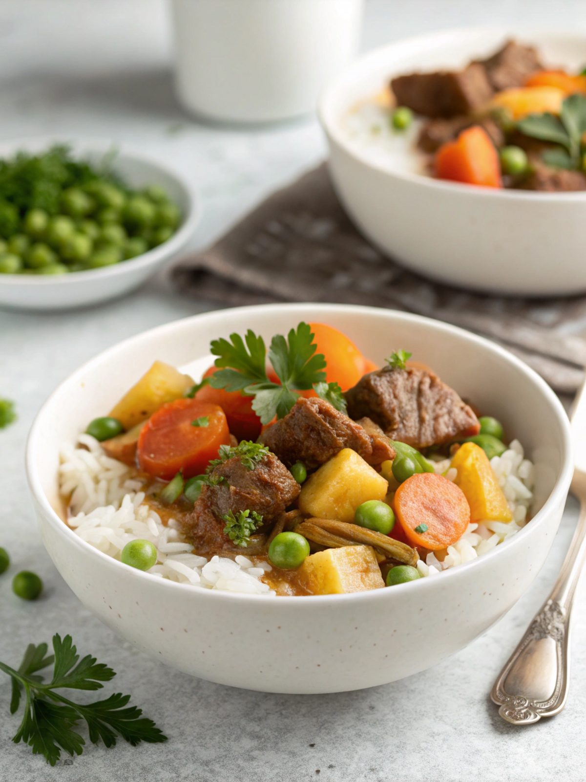Hearty beef stew with rice served in a bowl.