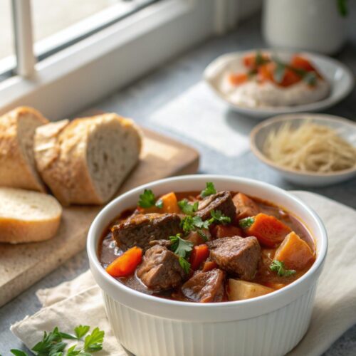 Hearty and satisfying stew meat recipe close-up featuring a rich beef stew.