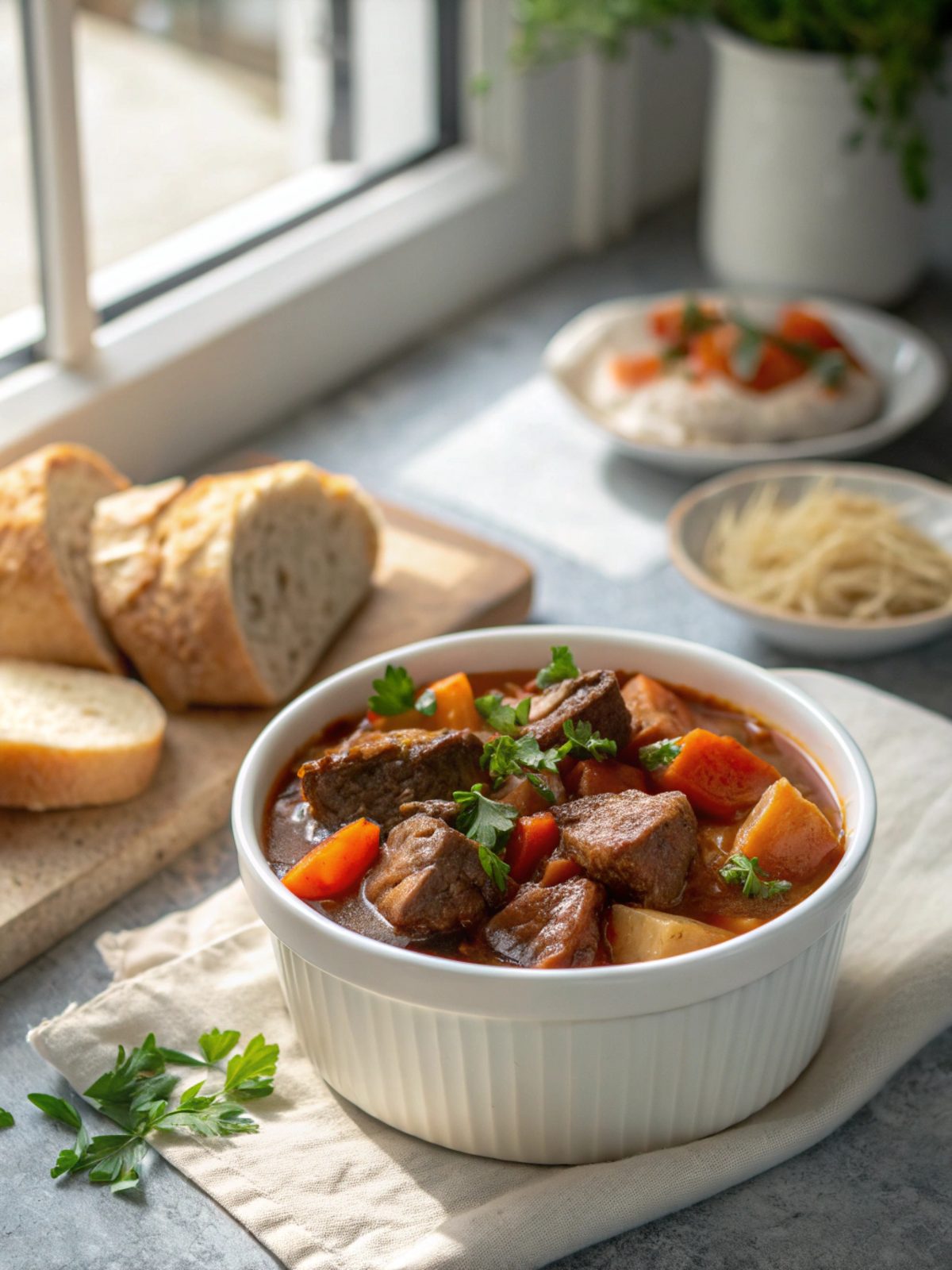 Hearty and satisfying stew meat recipe close-up featuring a rich beef stew.