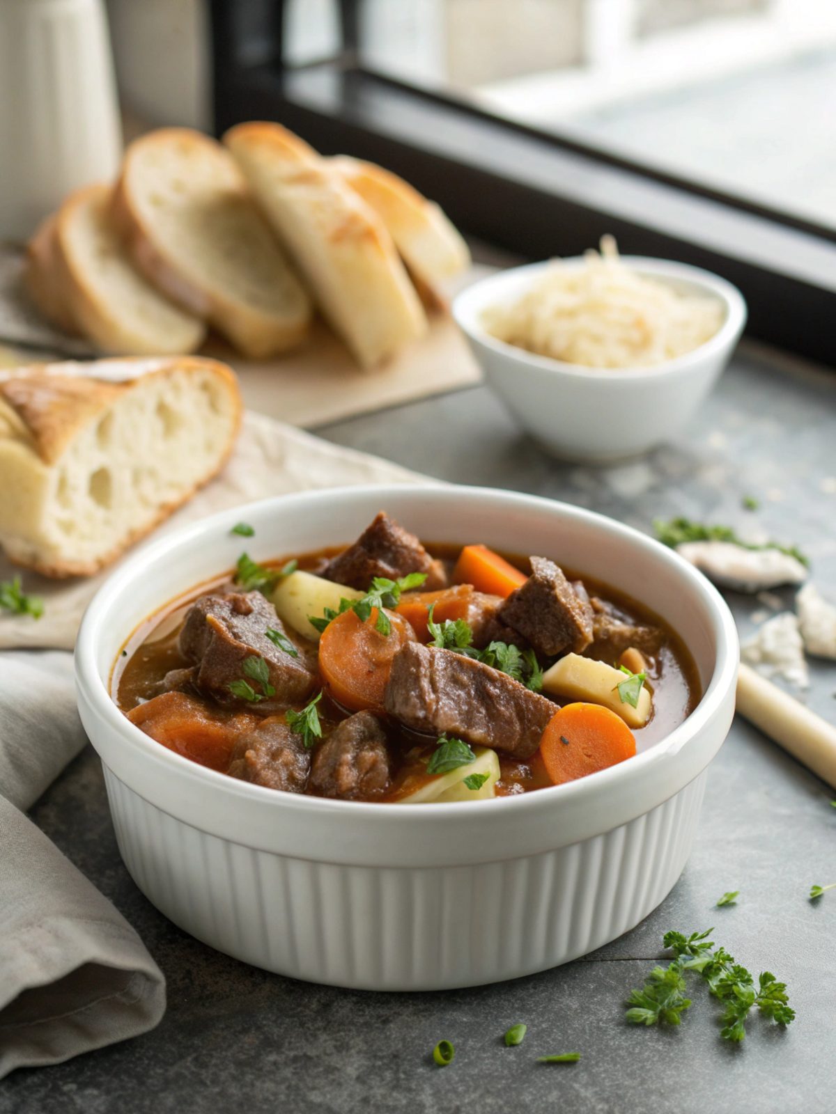 A delicious beef casserole recipe served hot and ready to enjoy.