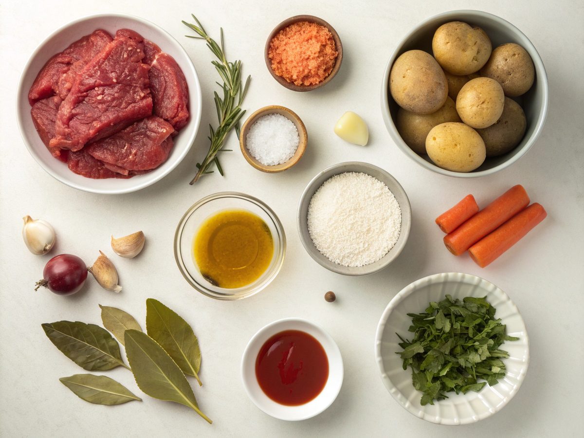 Ingredients for making a hearty beef stew, featuring beef chuck, vegetables, and spices.