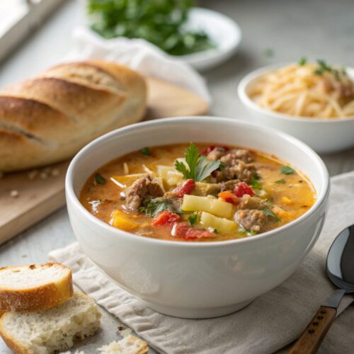Close-up of a bowl of cheeseburger soup