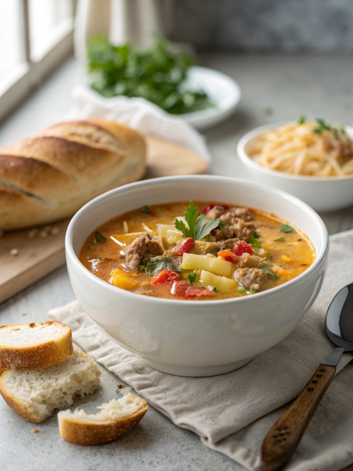 Close-up of a bowl of cheeseburger soup