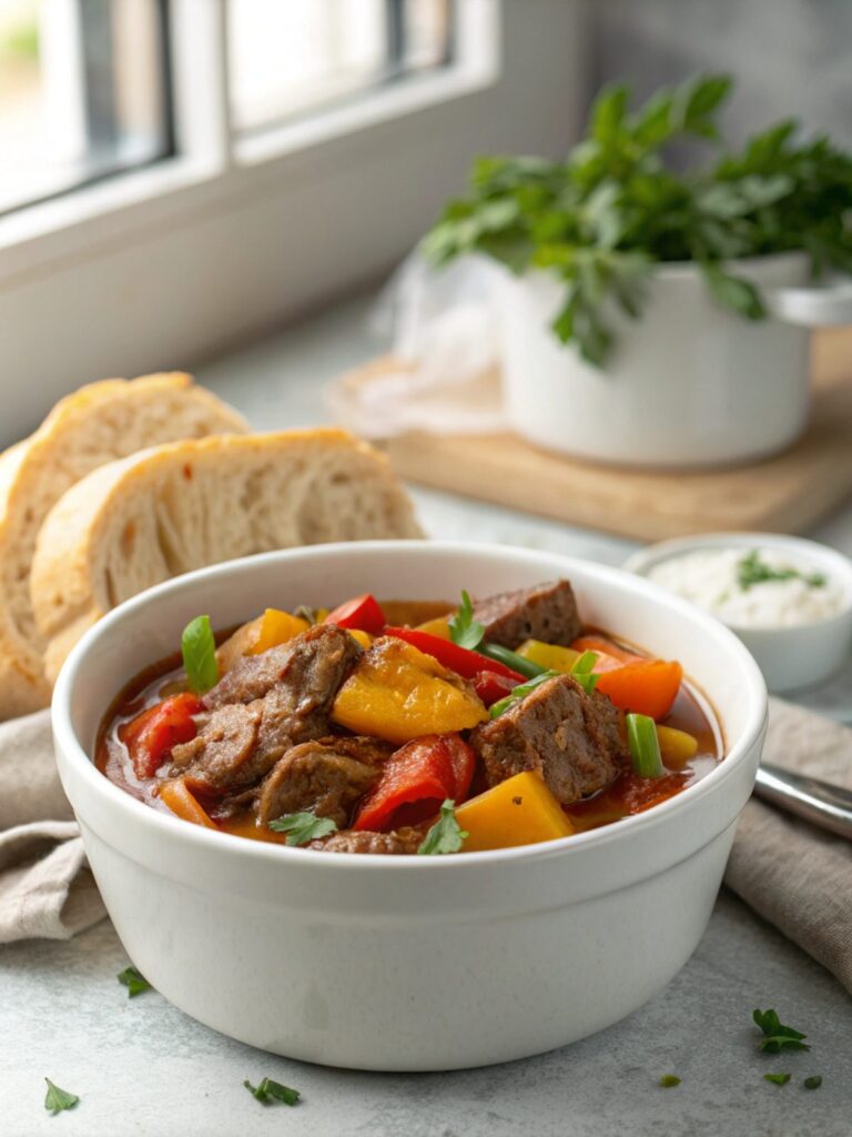 Crockpot Beef Stew with Peppers served in a bowl, showcasing its rich textures and colors.