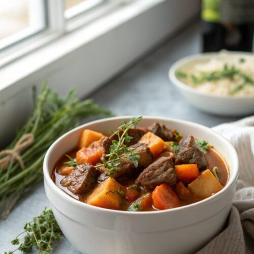 Close-up image of a bowl of savory Guinness beef stew.