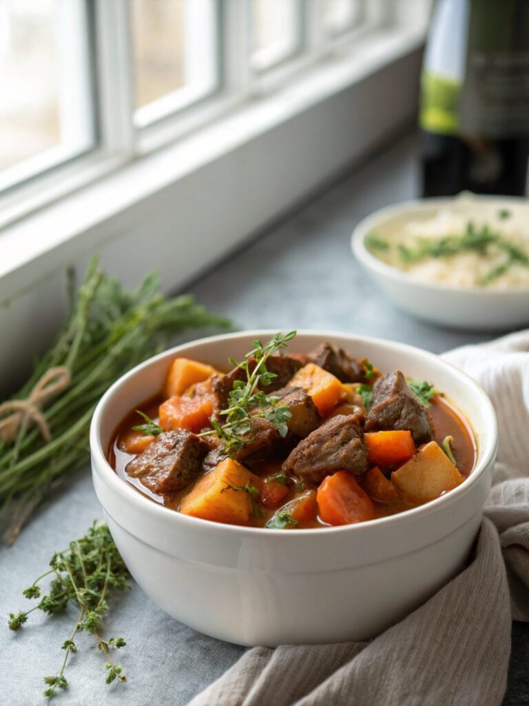Close-up image of a bowl of savory Guinness beef stew.
