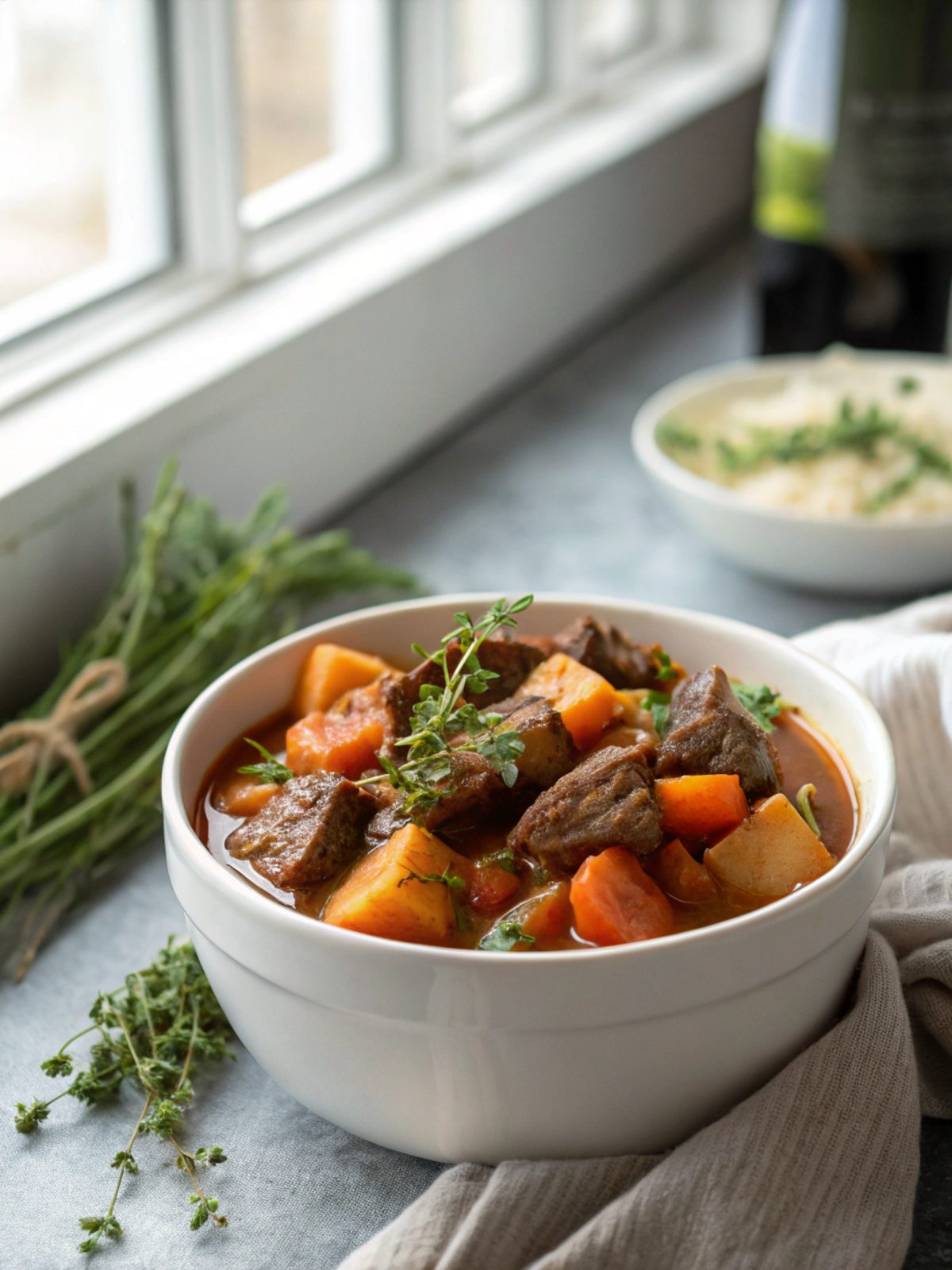 Close-up image of a bowl of savory Guinness beef stew.