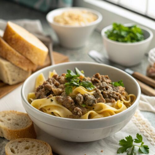 SEO-friendly alt text describing the featured image, Ground Beef Stroganoff
