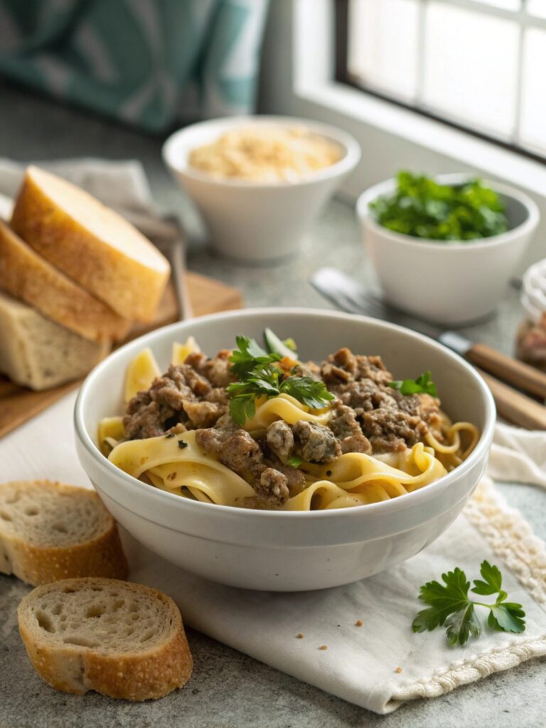 SEO-friendly alt text describing the featured image, Ground Beef Stroganoff