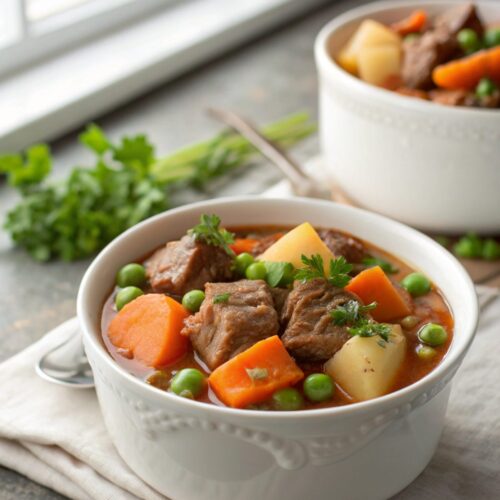 Slow cooker beef stew served as the perfect hearty meal.
