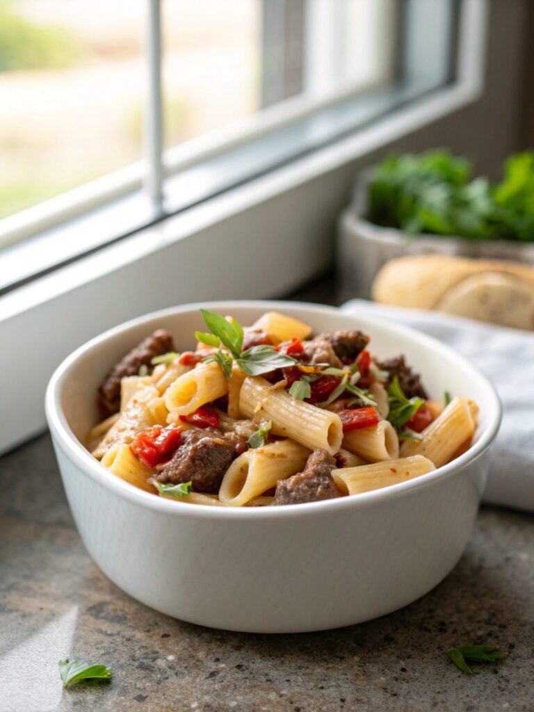 Close-up of a bowl of High Protein Beef Pasta topped with fresh basil leaves.