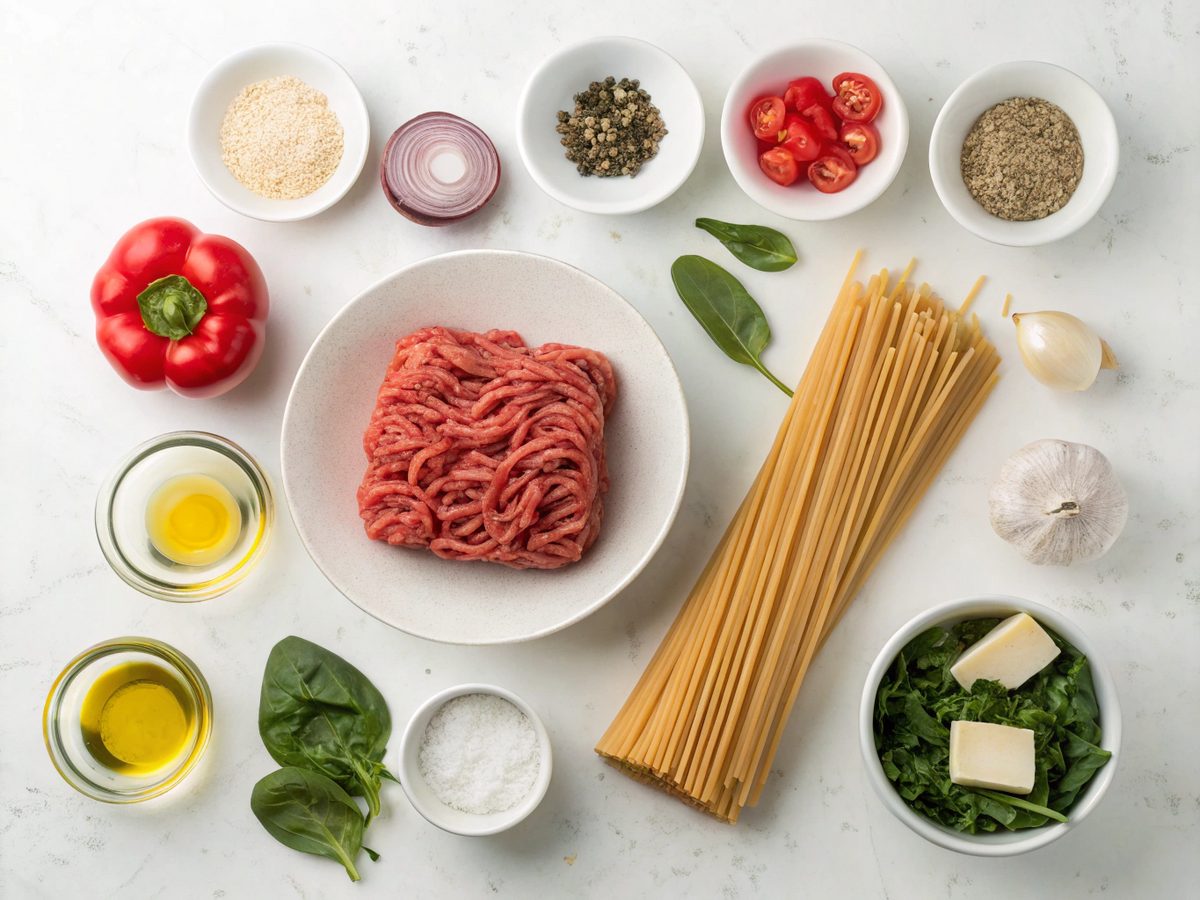 Ingredients for a high protein beef pasta recipe including pasta, beef, and vegetables.