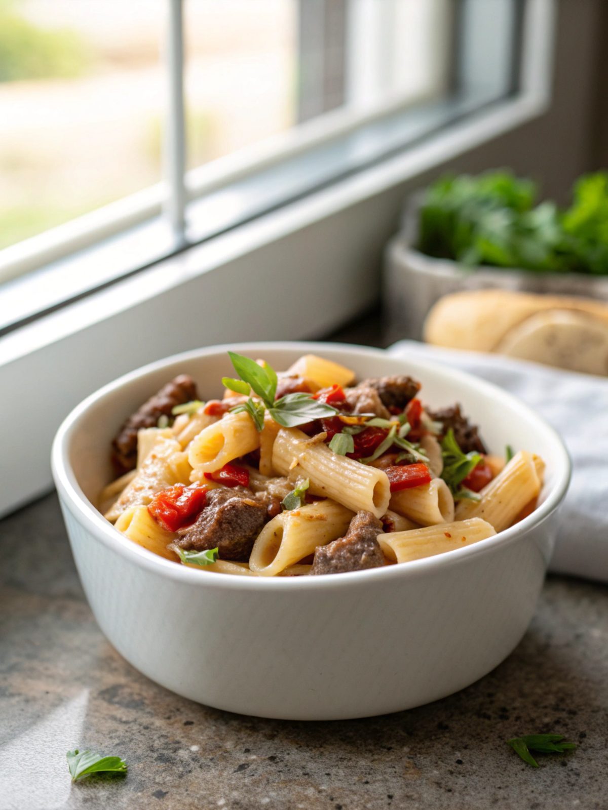 Close-up of a bowl of High Protein Beef Pasta topped with fresh basil leaves.