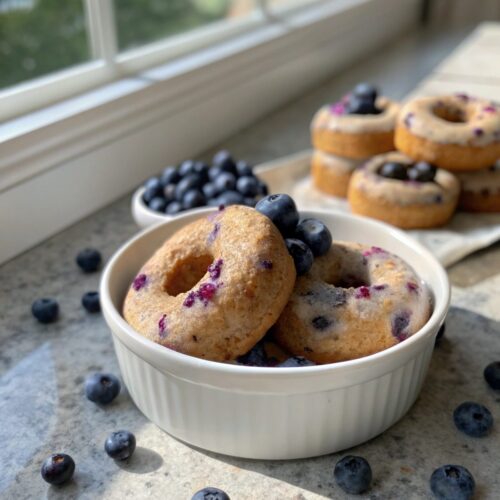 Close-up of high protein blueberry donuts fresh from the oven.