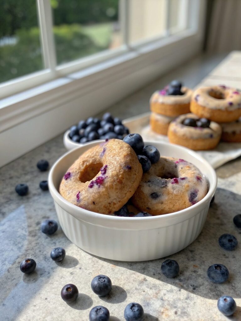 Close-up of high protein blueberry donuts fresh from the oven.