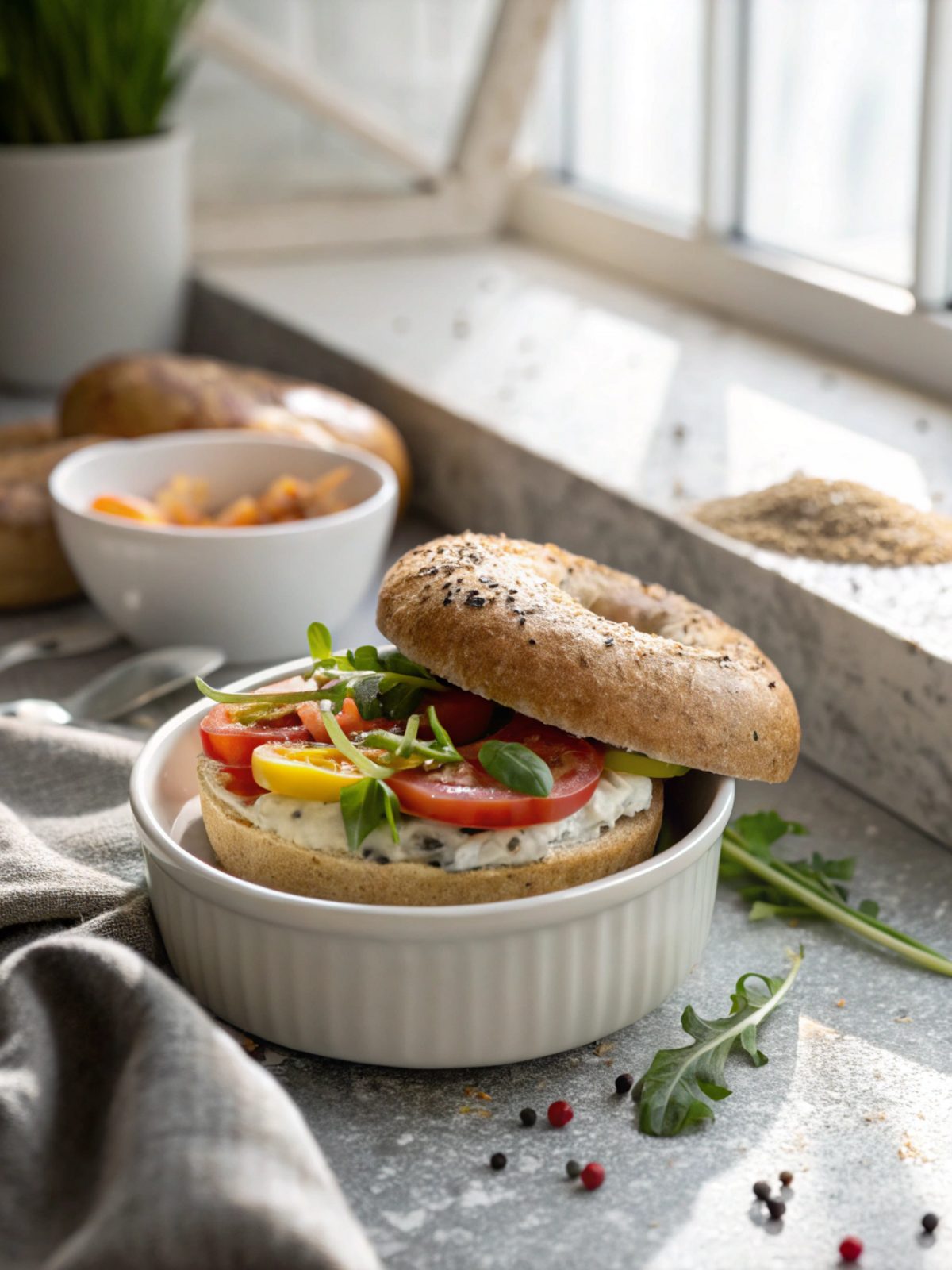 Featured image of freshly made high protein breakfast bagels on a plate.