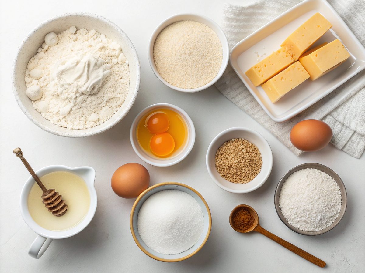 Ingredients for high protein breakfast bagels laid out on a kitchen counter.