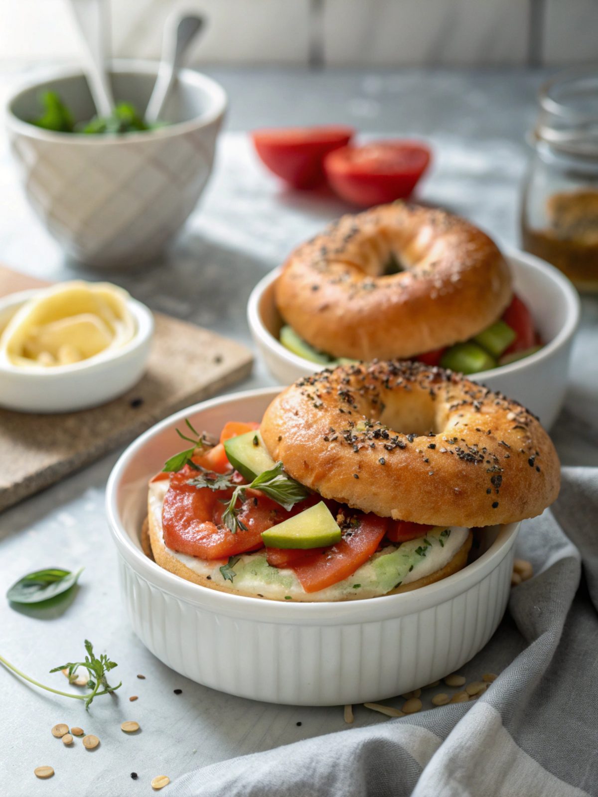 SEO-friendly alt text describing the featured image, including the high protein breakfast bagels.