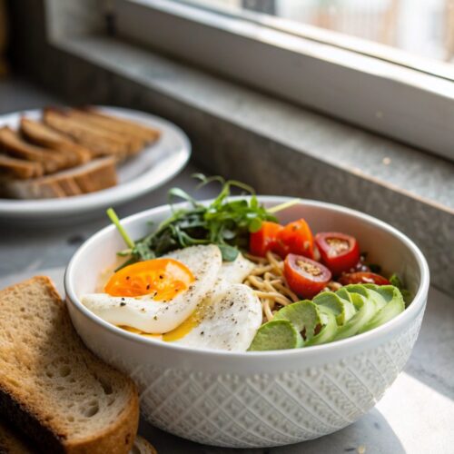 High protein breakfast bowls elegantly served with fresh ingredients