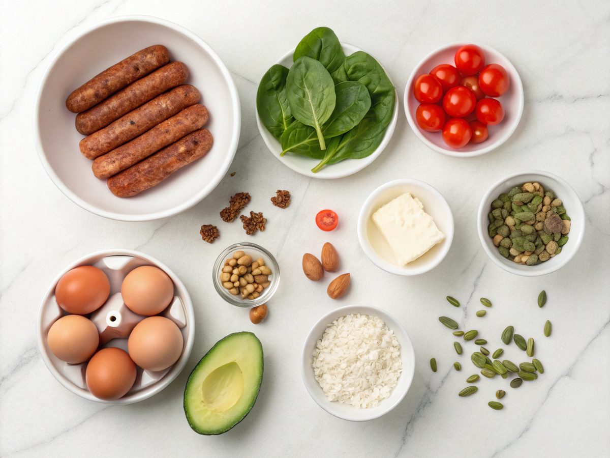 Ingredients for high protein breakfast bowls including eggs, turkey sausage, and vegetables