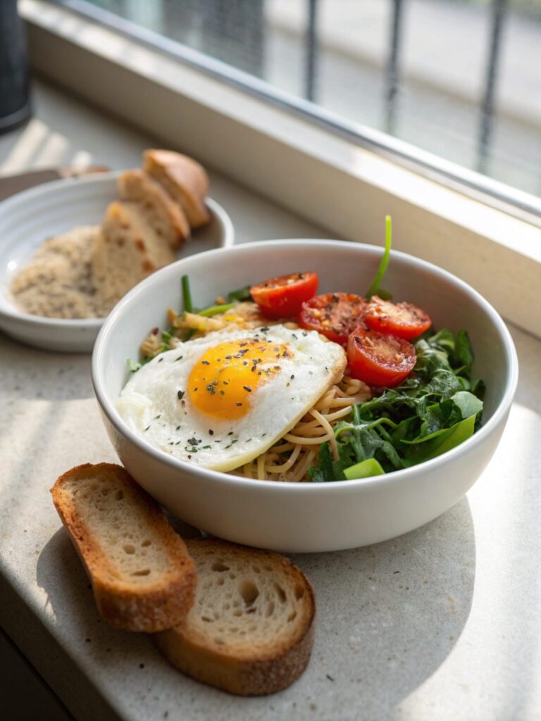 A rich, inviting bowl of high protein breakfast with vibrant colors, including smoked salmon and greens