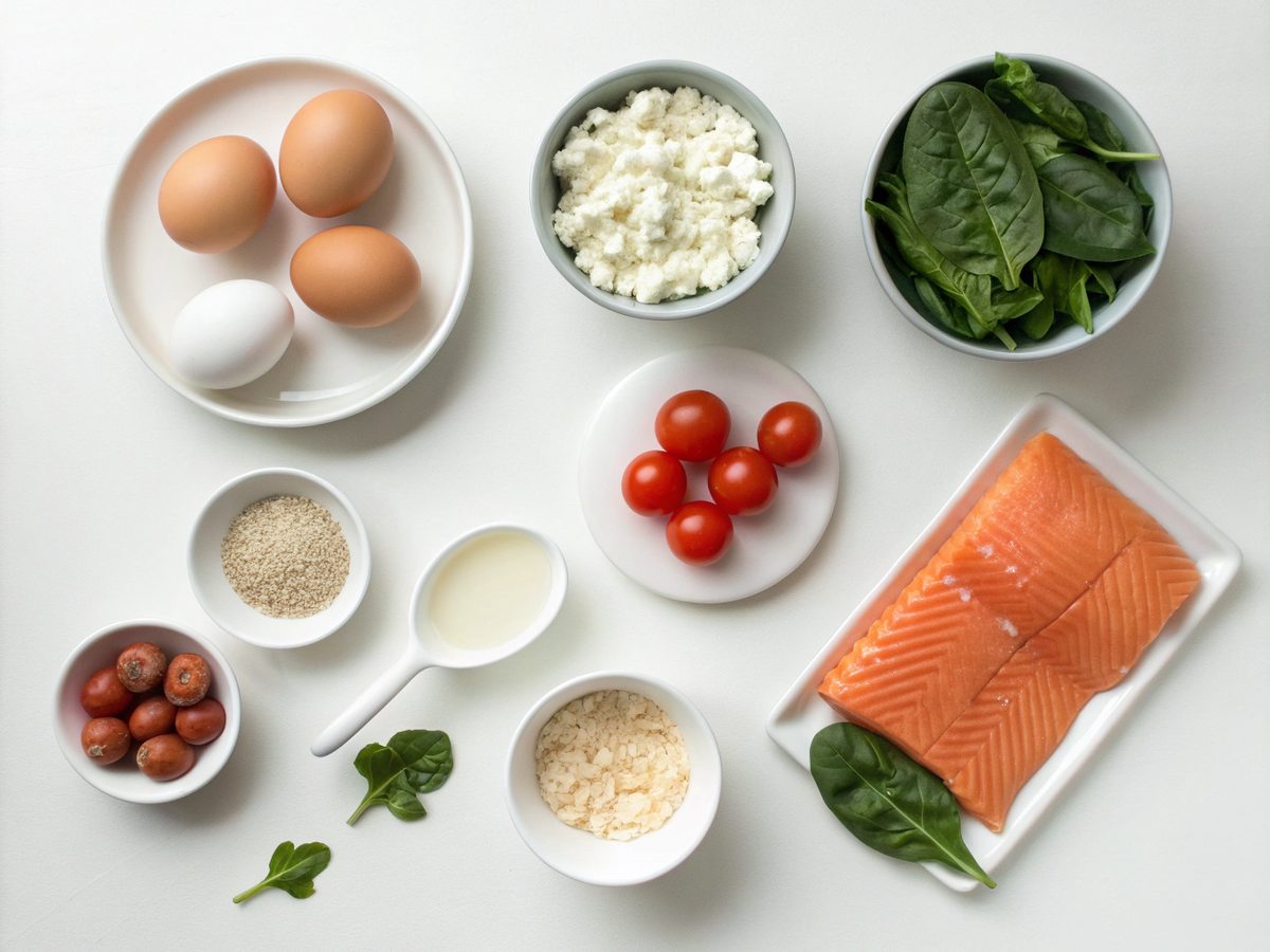 A flat lay of fresh ingredients for high-protein breakfast recipes including eggs, spinach, and smoked salmon.