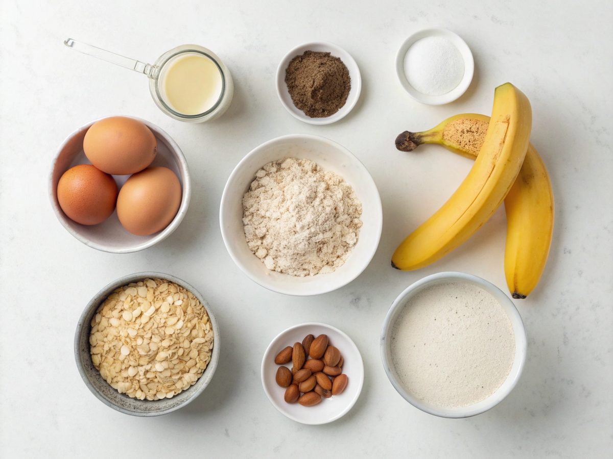 A flat lay of ingredients needed for high protein breakfast recipes displayed on a kitchen counter