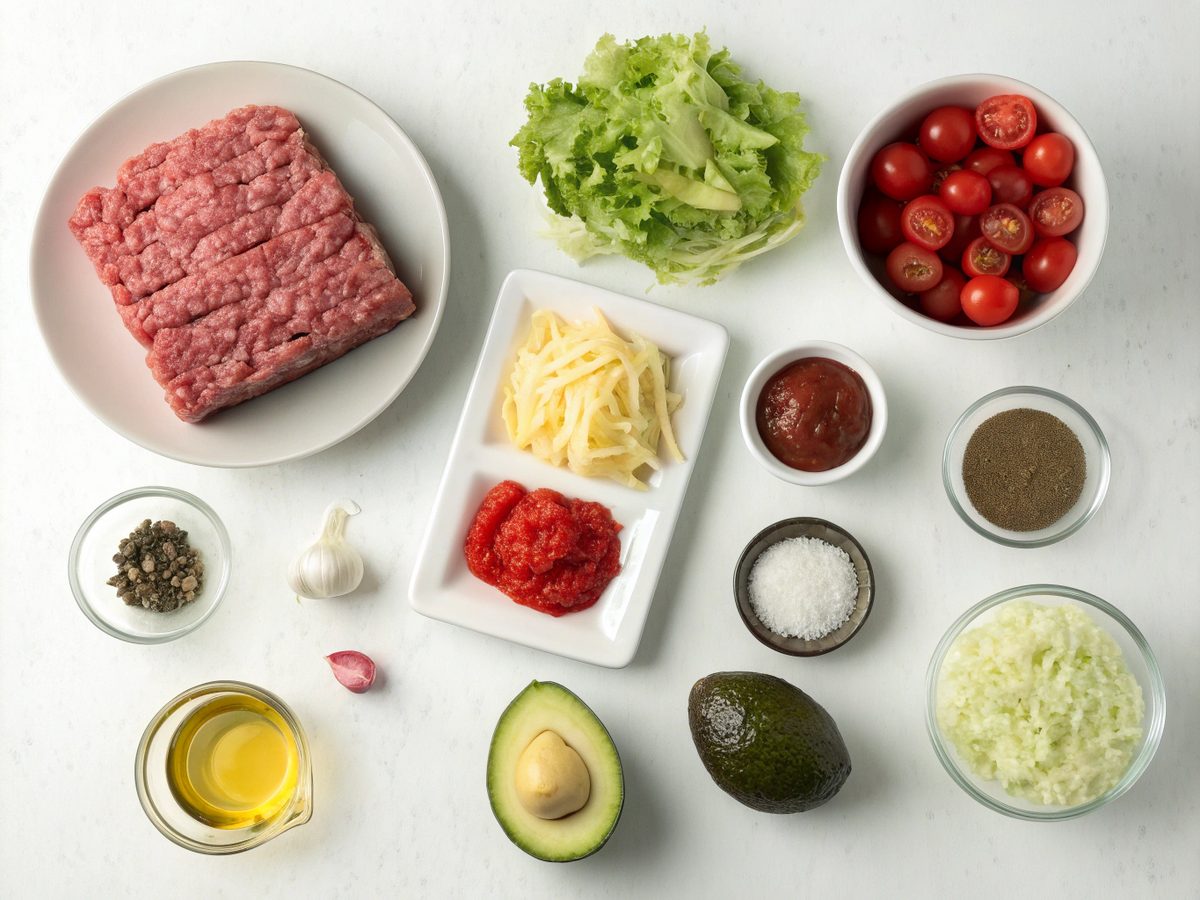 Ingredients for making high protein cheeseburger bowls