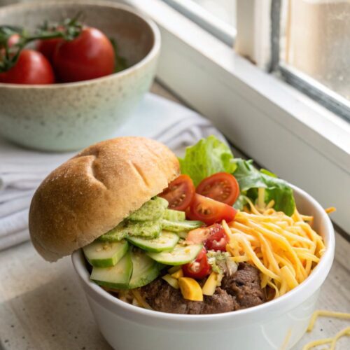 Featured image showcasing high protein cheeseburger bowls