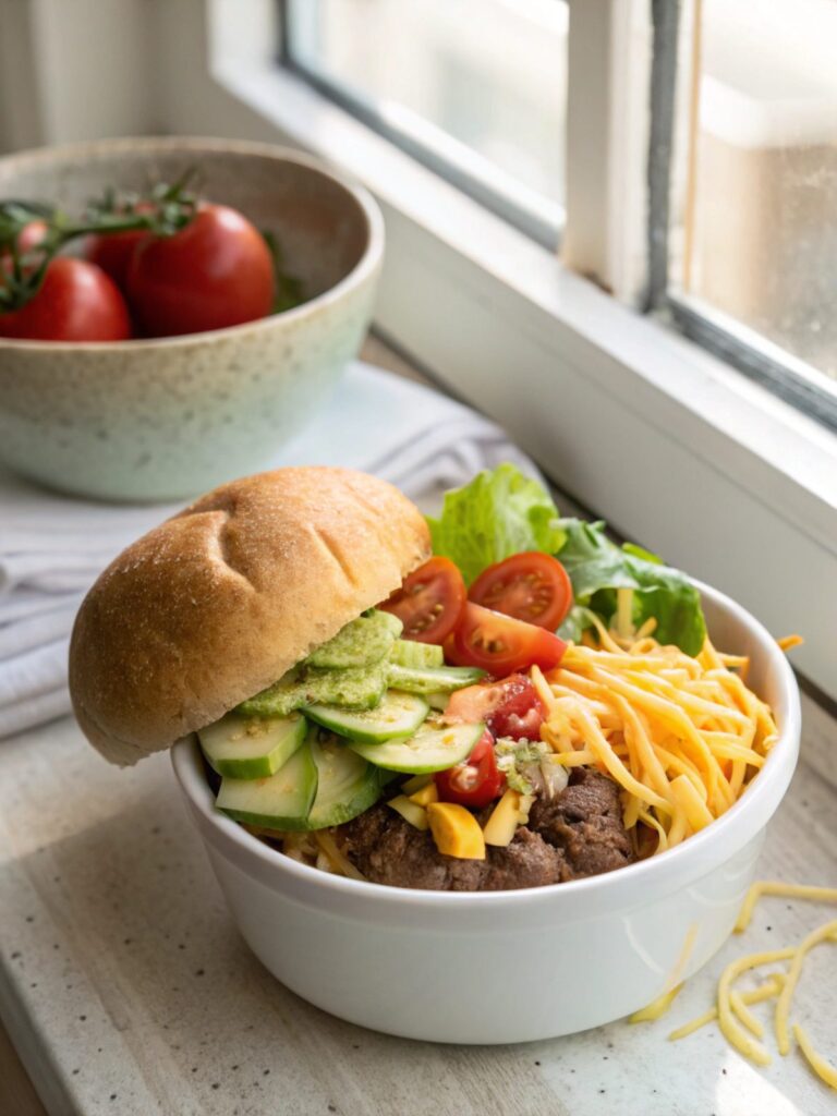 Featured image showcasing high protein cheeseburger bowls