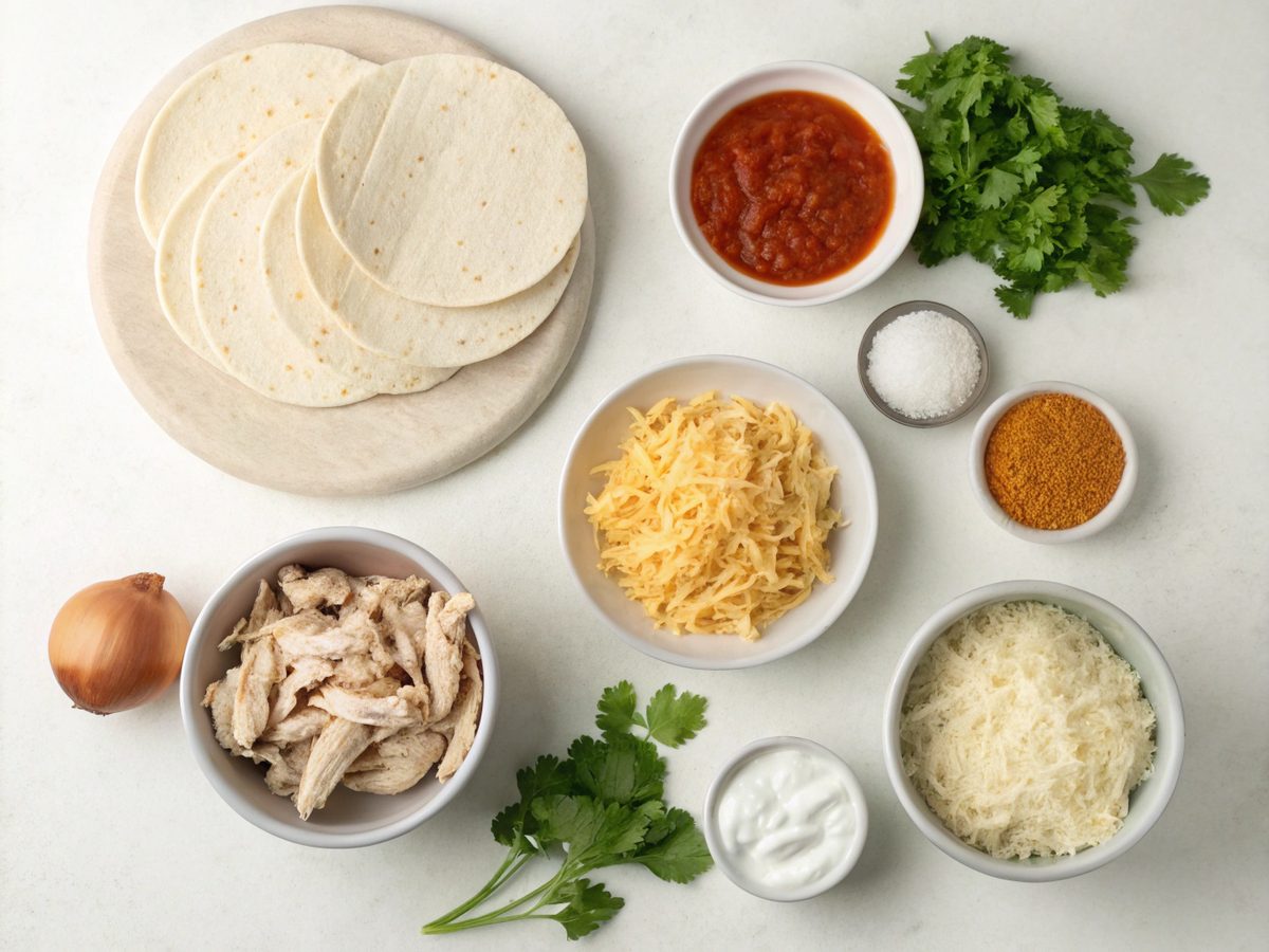 Flat lay of ingredients for high protein chicken enchiladas