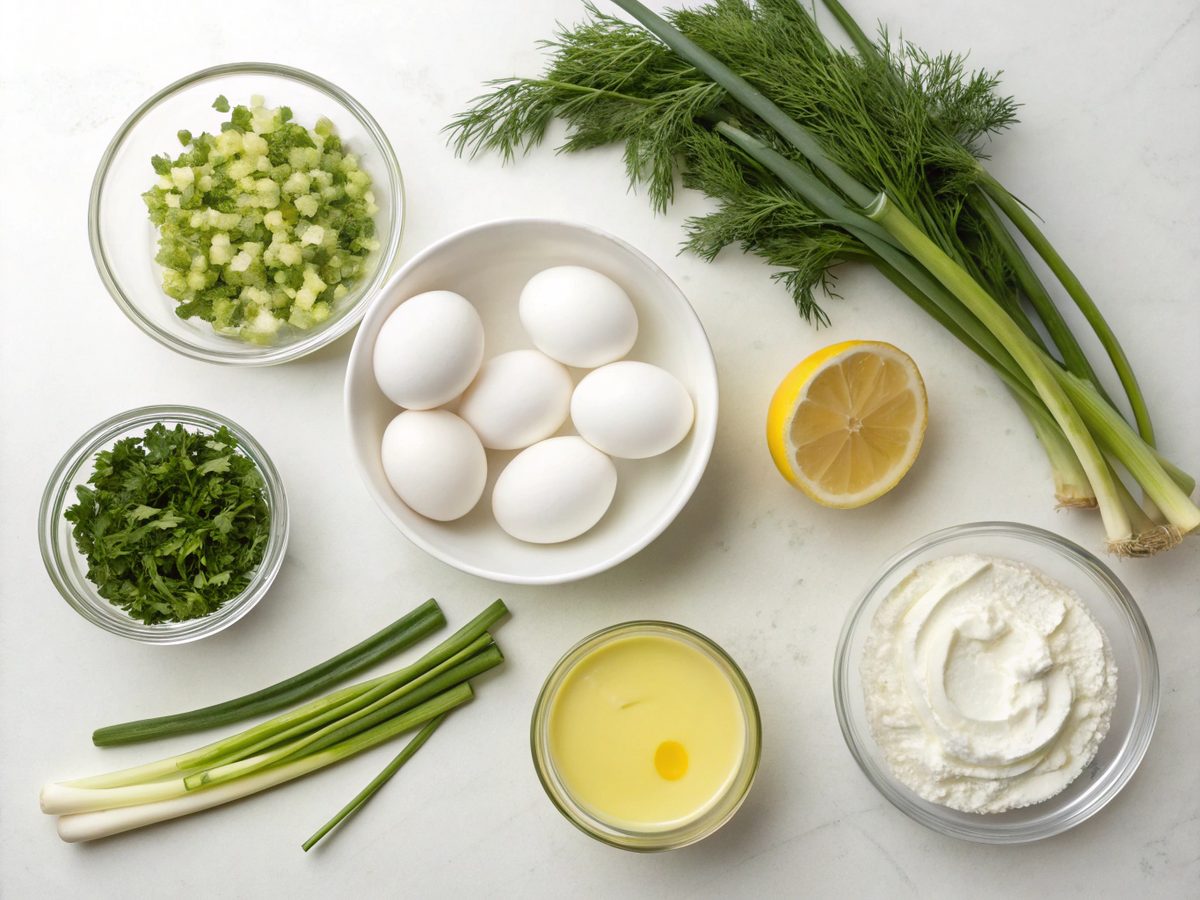 Top view of high protein egg salad ingredients including hard-boiled eggs, Greek yogurt, and celery.