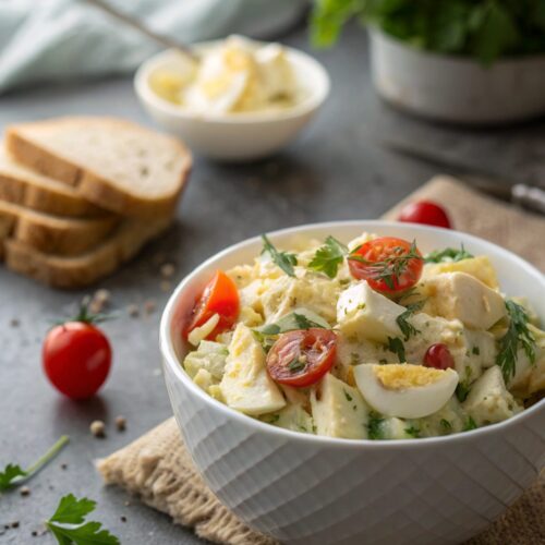 A delicious serving of high protein egg salad in a white ceramic bowl