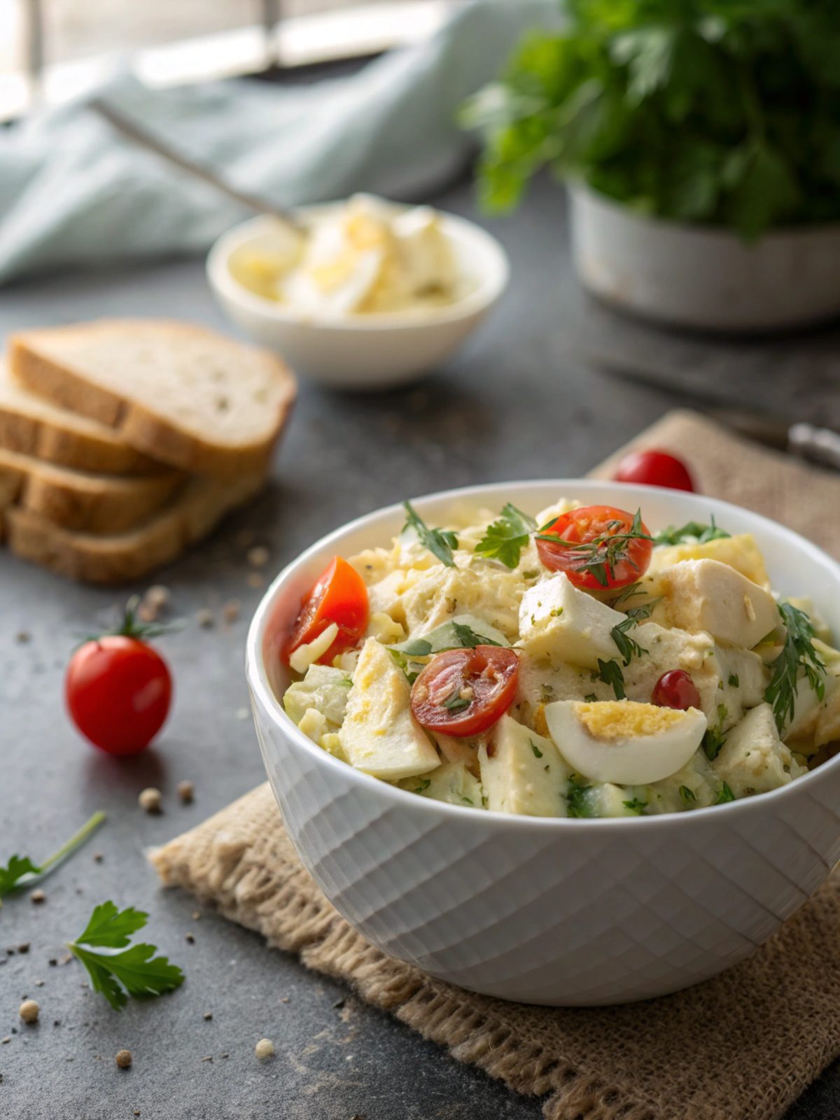 A delicious serving of high protein egg salad in a white ceramic bowl