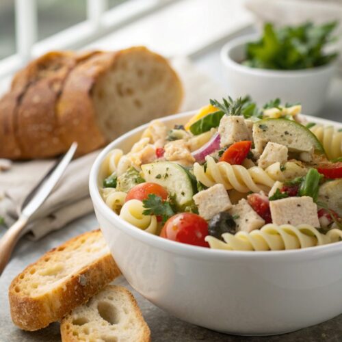 High protein Italian pasta salad served in a white bowl