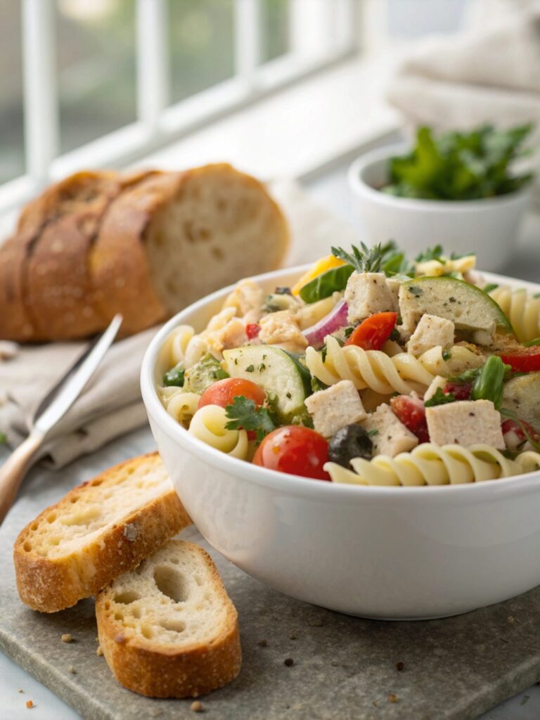 High protein Italian pasta salad served in a white bowl