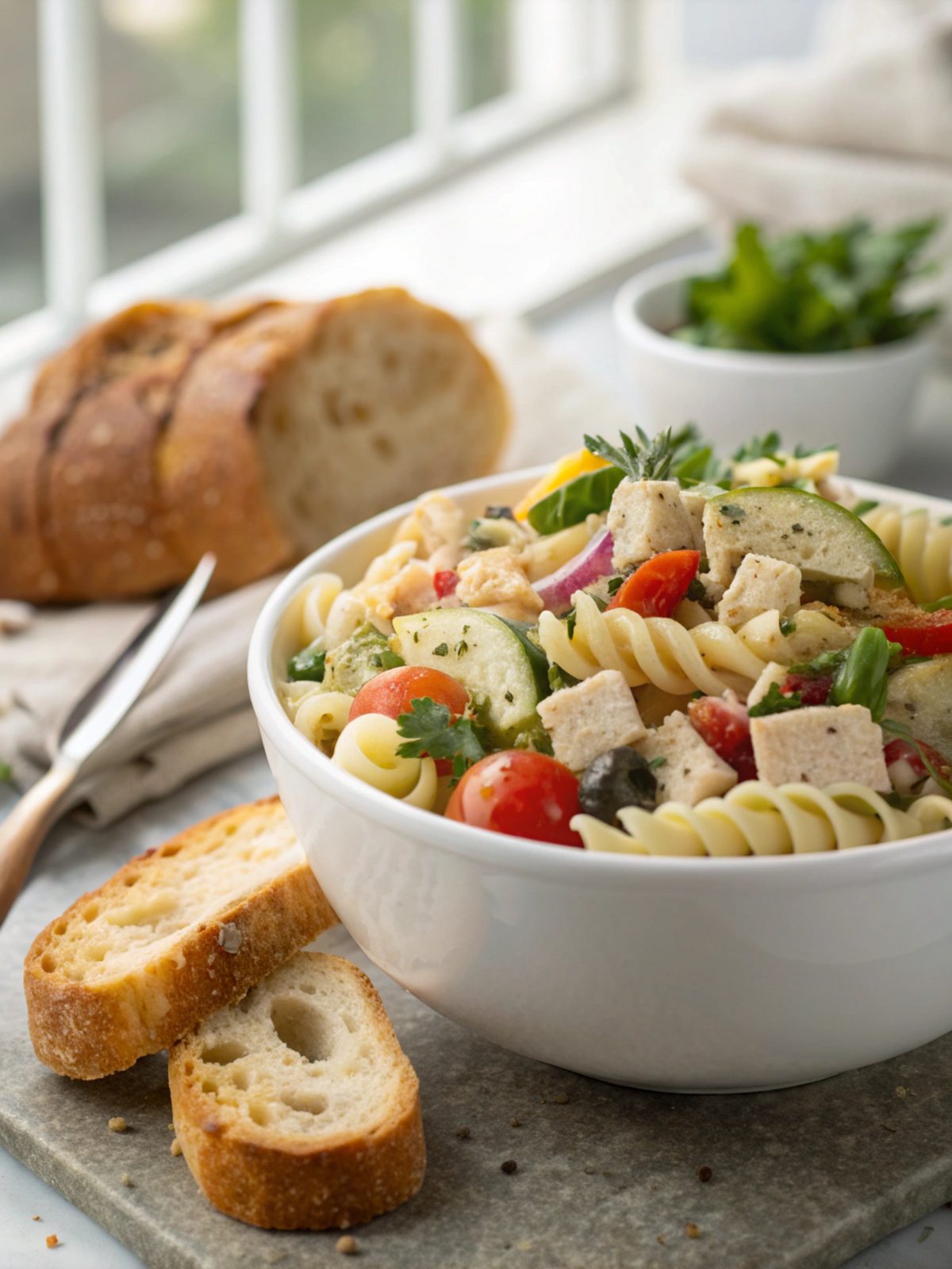 High protein Italian pasta salad served in a white bowl
